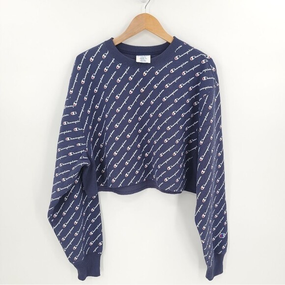 Champion Reverse Weave All Over Logo Cropped Sweatshirt Crewneck - Picture 1 of 9